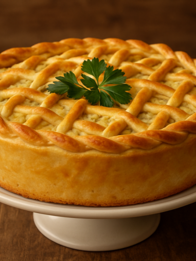 Fatia de torta de palmito sem açúcar para o café da manhã com massa dourada e recheio suculento servida em prato branco