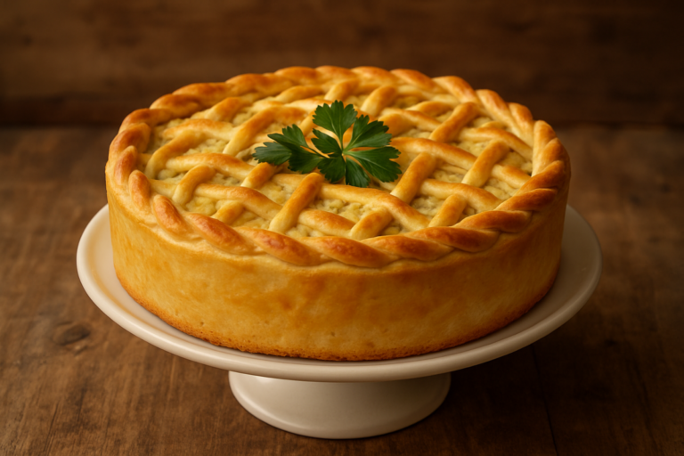 Fatia de torta de palmito sem açúcar para o café da manhã com massa dourada e recheio suculento servida em prato branco