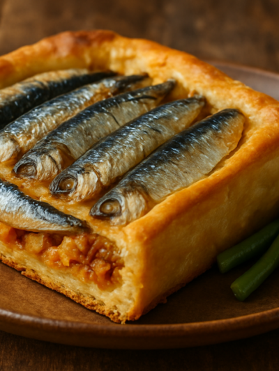 fatia de torta de sardinhas deliciosas com recheio de legumes, massa dourada e fofa em prato branco