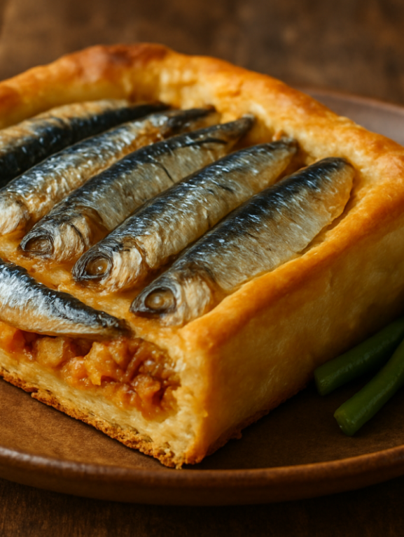 fatia de torta de sardinhas deliciosas com recheio de legumes, massa dourada e fofa em prato branco