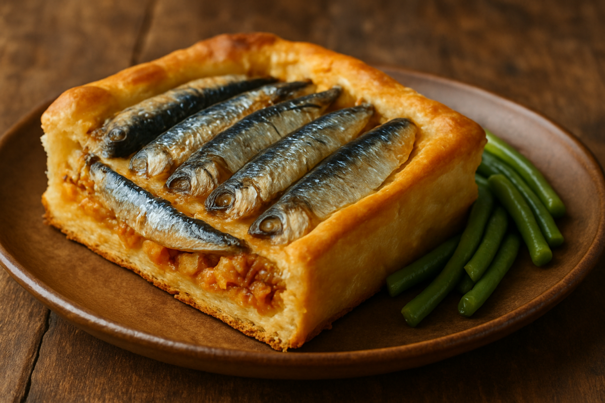 fatia de torta de sardinhas deliciosas com recheio de legumes, massa dourada e fofa em prato branco