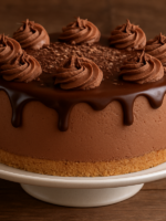 torta gelada cremosa com mousse de chocolate e biscoitos picados em travessa de vidro