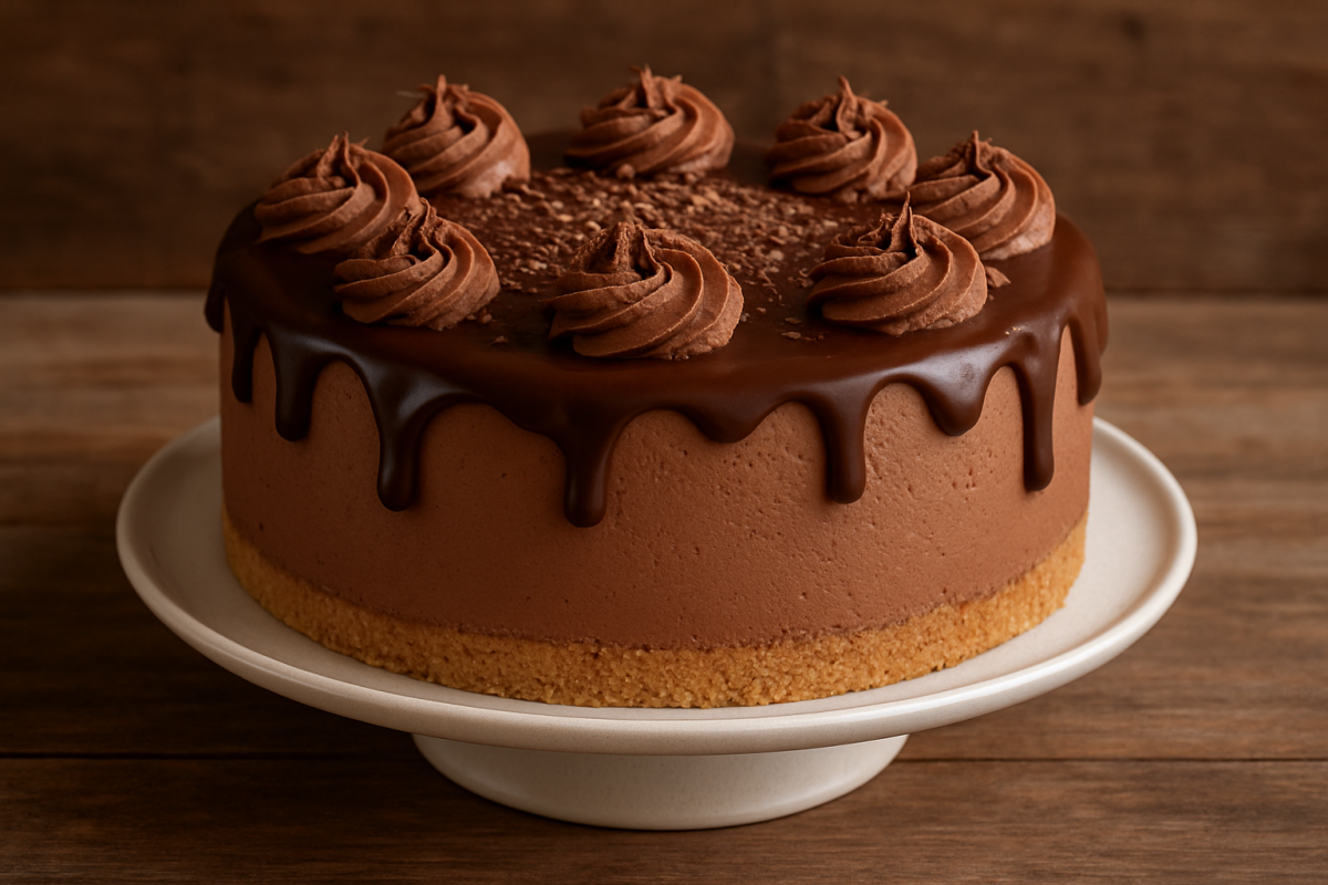 torta gelada cremosa com mousse de chocolate e biscoitos picados em travessa de vidro
