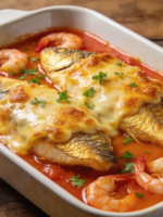trilha ao molho de camarão com provolone gratinado em travessa branca, filés dourados cobertos com queijo derretido e camarões no molho