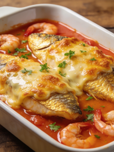 trilha ao molho de camarão com provolone gratinado em travessa branca, filés dourados cobertos com queijo derretido e camarões no molho