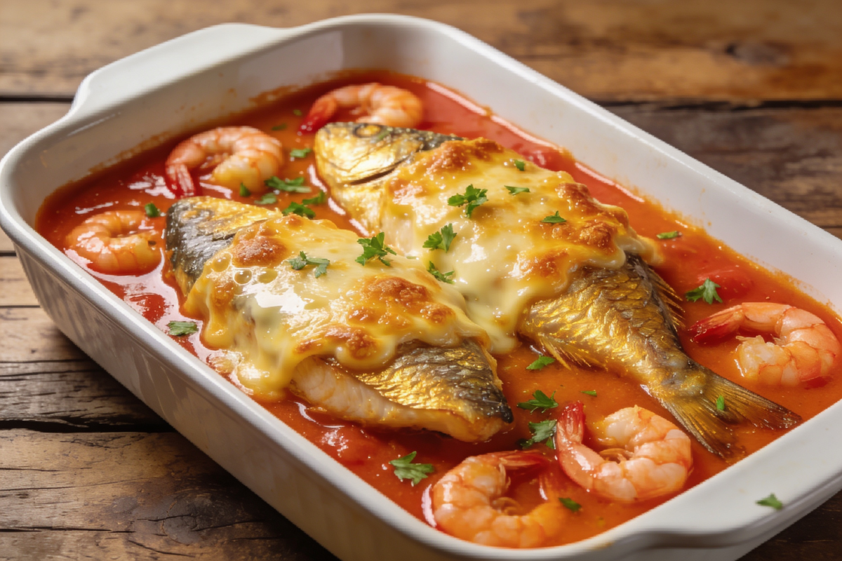trilha ao molho de camarão com provolone gratinado em travessa branca, filés dourados cobertos com queijo derretido e camarões no molho