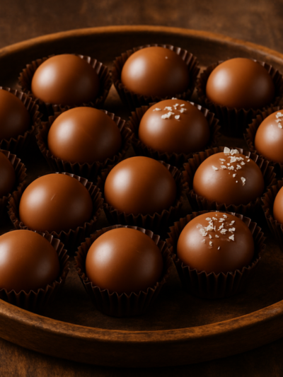 trufas de doce de leite com casquinha de chocolate ao leite em forminhas de papel sobre bandeja rústica