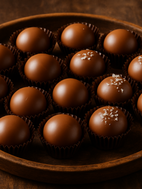 trufas de doce de leite com casquinha de chocolate ao leite em forminhas de papel sobre bandeja rústica
