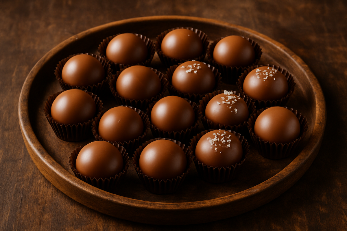 trufas de doce de leite com casquinha de chocolate ao leite em forminhas de papel sobre bandeja rústica