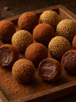 Trufas da mama de chocolate meio amargo enroladas em cacau em pó e granulado, servidas em bandeja rústica com forminhas de papel