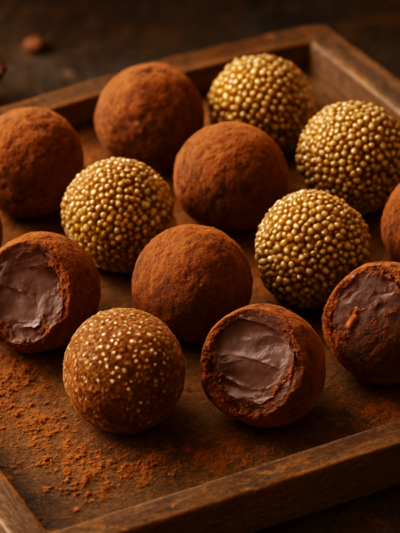 Trufas da mama de chocolate meio amargo enroladas em cacau em pó e granulado, servidas em bandeja rústica com forminhas de papel