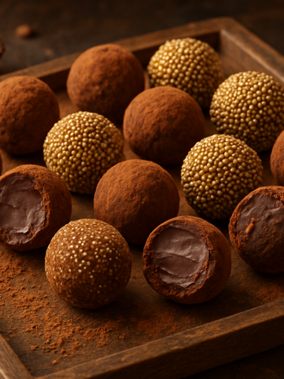 Trufas da mama de chocolate meio amargo enroladas em cacau em pó e granulado, servidas em bandeja rústica com forminhas de papel