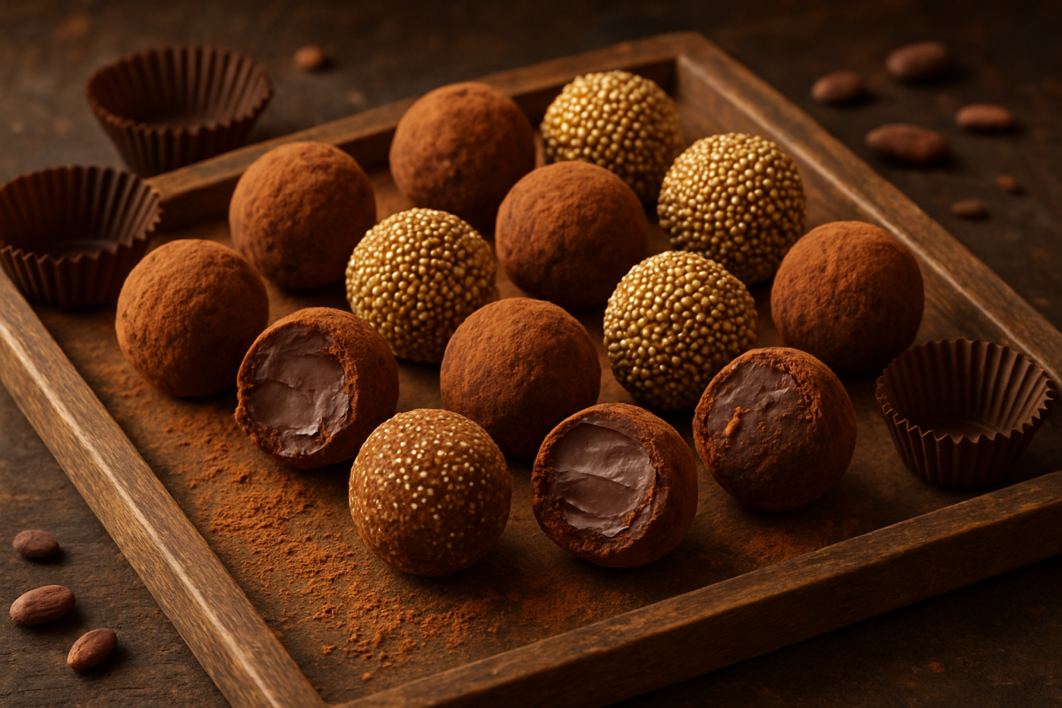 Trufas da mama de chocolate meio amargo enroladas em cacau em pó e granulado, servidas em bandeja rústica com forminhas de papel