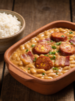 tutu de feijão cremoso mineiro com bacon e linguiça calabresa em travessa de barro