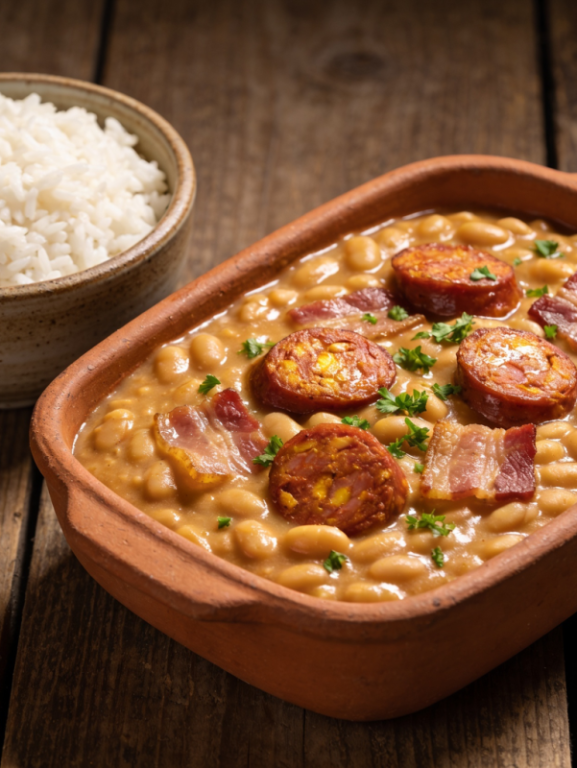 tutu de feijão cremoso mineiro com bacon e linguiça calabresa em travessa de barro