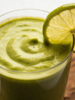 copo com vitamina de abacate com limão cremosa e verde, decorada com rodela de limão na borda