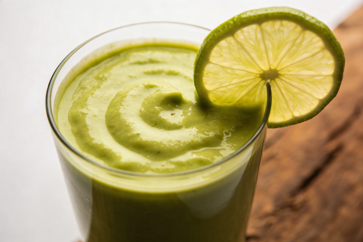 copo com vitamina de abacate com limão cremosa e verde, decorada com rodela de limão na borda
