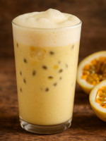 copo de vitamina de maracujá cremosa com espuma e gelo, servida gelada