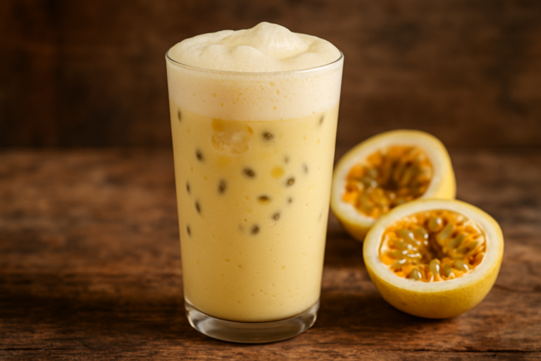 copo de vitamina de maracujá cremosa com espuma e gelo, servida gelada
