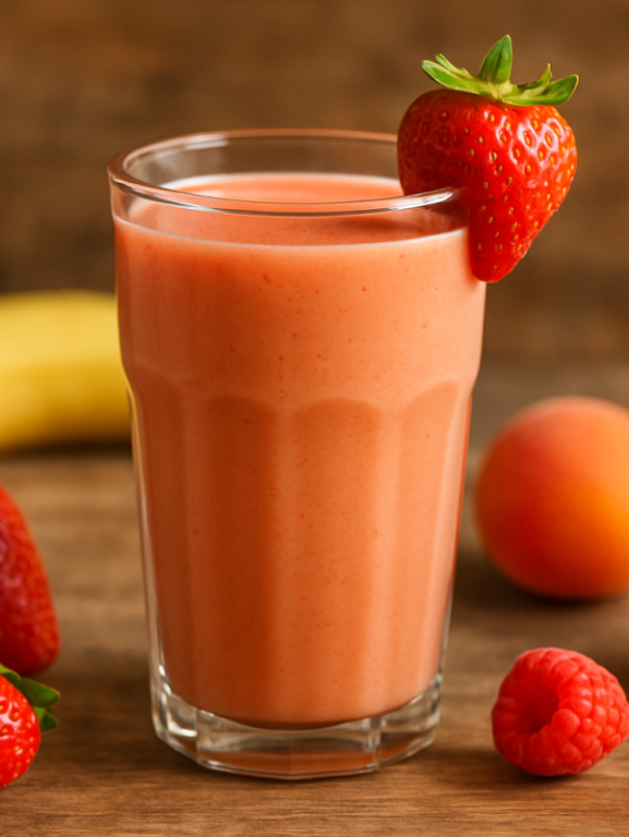 Vitamina nutritiva cremosa de banana, mamão e morango servida em copo alto com morango na borda