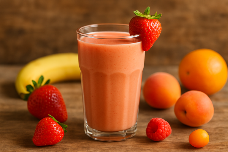 Vitamina nutritiva cremosa de banana, mamão e morango servida em copo alto com morango na borda