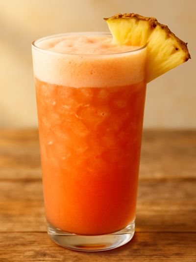 vitamina verão cremosa com abacaxi, banana e groselha em copo alto com gelo