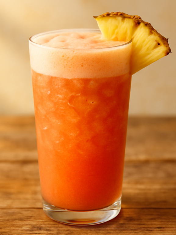 vitamina verão cremosa com abacaxi, banana e groselha em copo alto com gelo