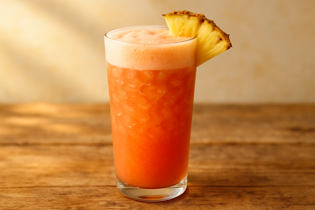 vitamina verão cremosa com abacaxi, banana e groselha em copo alto com gelo