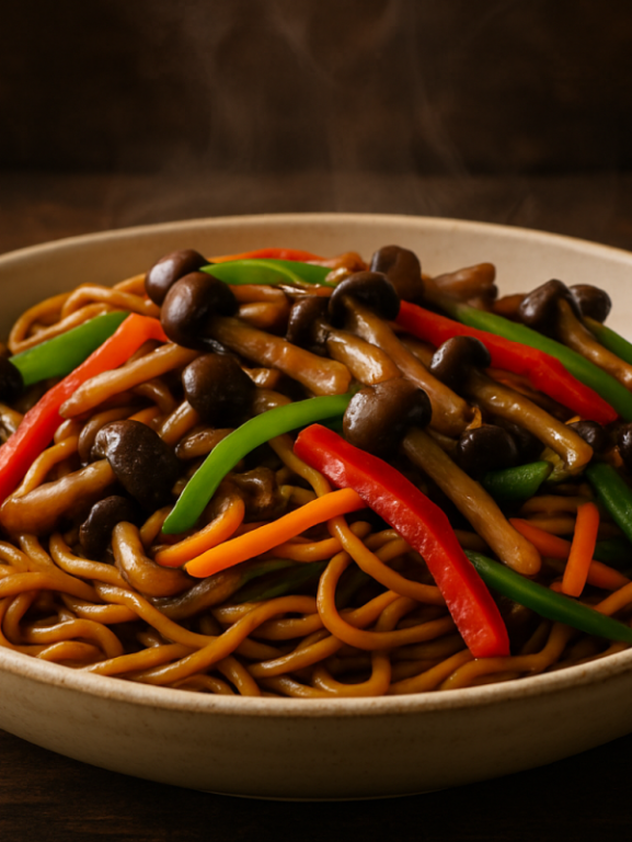 yakisoba vegetariano com shimeji salteado, legumes coloridos e molho de shoyu brilhante em travessa funda