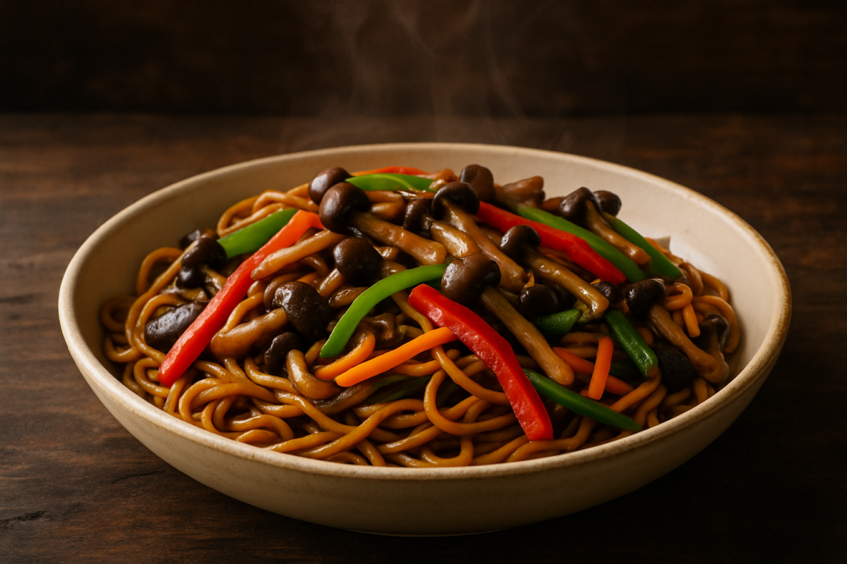 yakisoba vegetariano com shimeji salteado, legumes coloridos e molho de shoyu brilhante em travessa funda