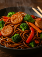 Yakissoba de proteína de soja vegan com legumes coloridos e molho shoyu brilhante em prato fundo escuro