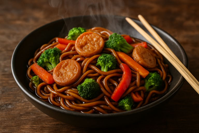 Yakissoba de proteína de soja vegan com legumes coloridos e molho shoyu brilhante em prato fundo escuro