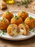 Almôndegas de frango douradas em prato branco com recheio de queijo mussarela derretido e salsinha fresca