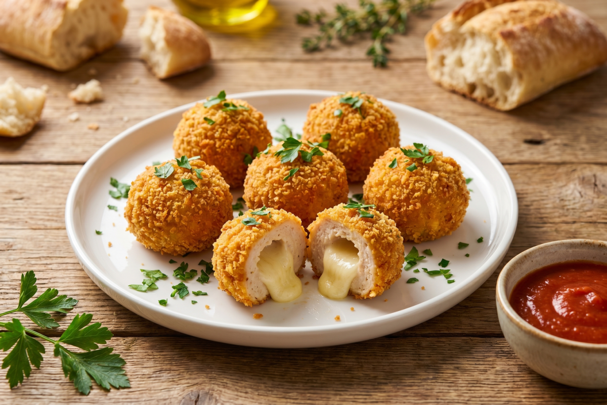 Almôndegas de frango douradas em prato branco com recheio de queijo mussarela derretido e salsinha fresca