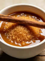 ambrosia de laranja cremosa com grumos dourados e canela em tigela de cerâmica branca