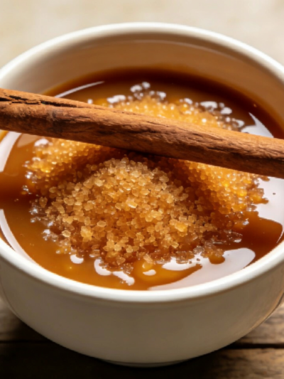 ambrosia de laranja cremosa com grumos dourados e canela em tigela de cerâmica branca