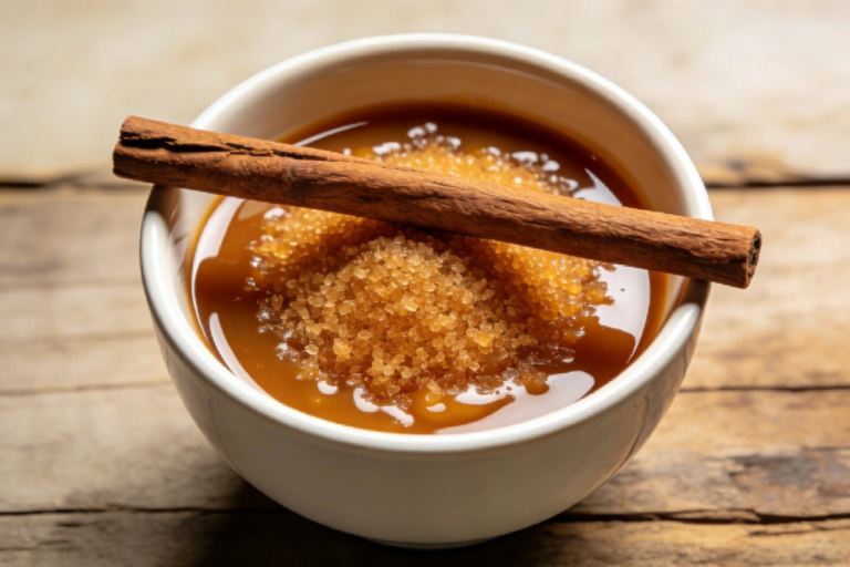 ambrosia de laranja cremosa com grumos dourados e canela em tigela de cerâmica branca