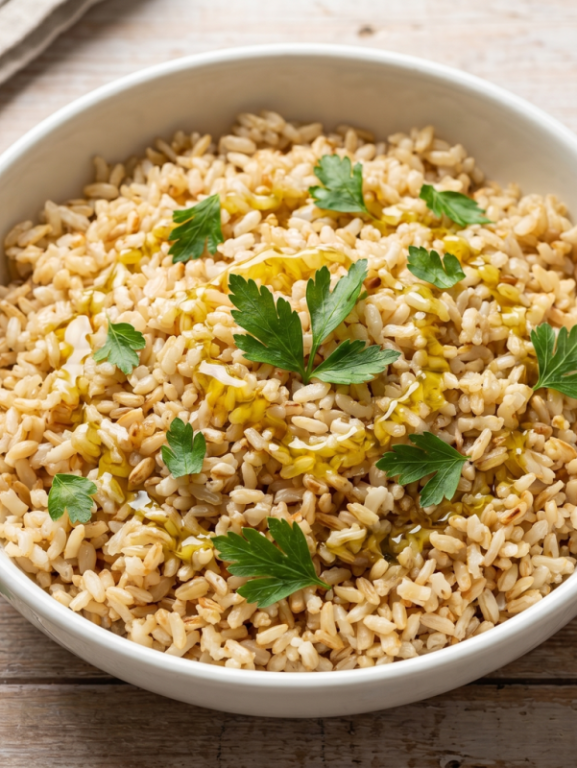 arroz integral fácil e soltinho servido em prato branco com azeite e salsinha
