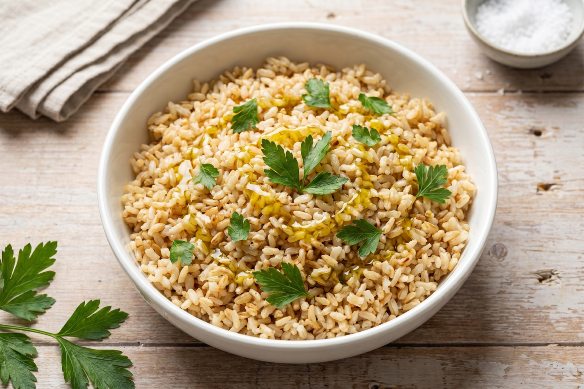 arroz integral fácil e soltinho servido em prato branco com azeite e salsinha