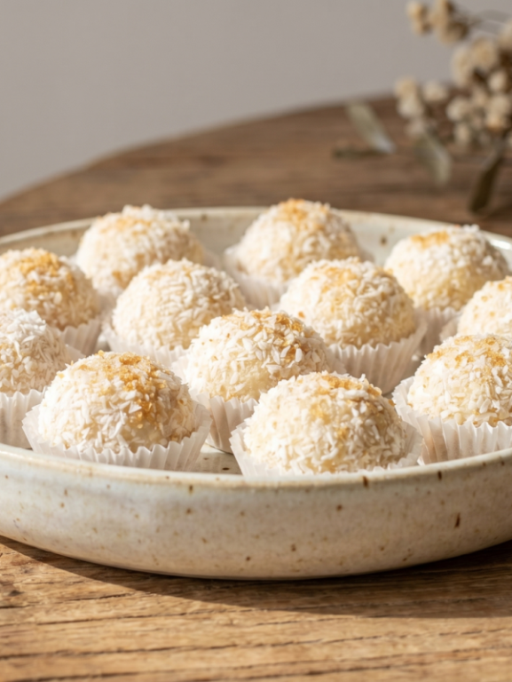 Beijinho fit de aveia em forminhas de papel, docinho saudável coberto com coco ralado