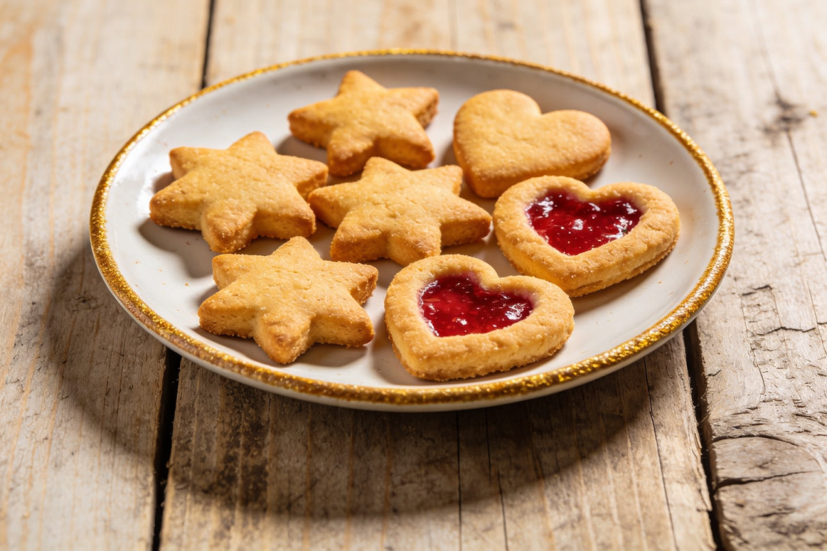 biscoitinhos para lanche crocantes em formato de estrela e coração em prato branco