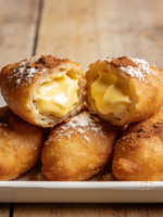 bisnaguinha de leite condensado frita recheada com creme cremoso e polvilhada com açúcar e canela em travessa branca