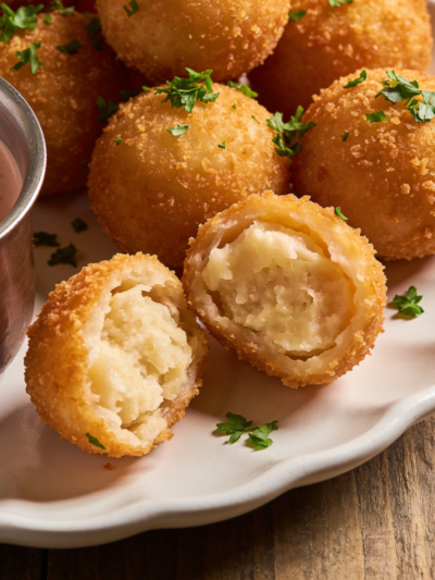 Bolinho de proteína crocante dourado servido em prato branco com molho e salsinha fresca