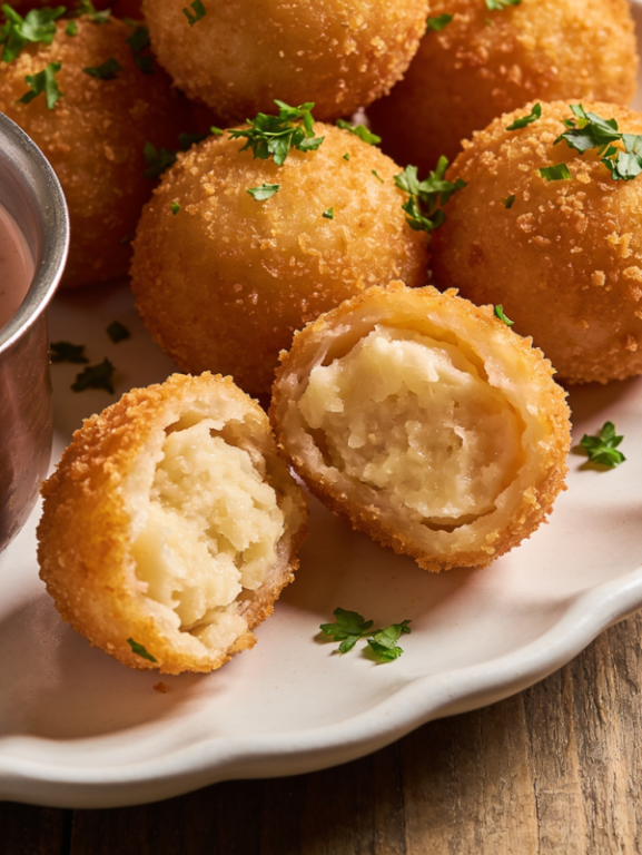 Bolinho de proteína crocante dourado servido em prato branco com molho e salsinha fresca