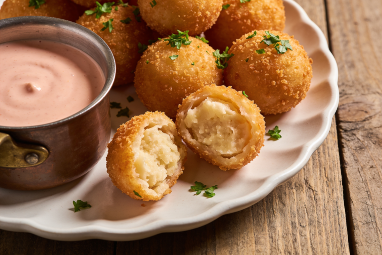 Bolinho de proteína crocante dourado servido em prato branco com molho e salsinha fresca