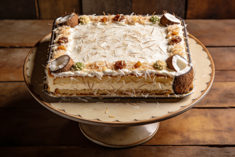 Bolo bandeja de coco com cobertura de merengue e coco ralado polvilhado, fatia servida mostrando massa molhadinha