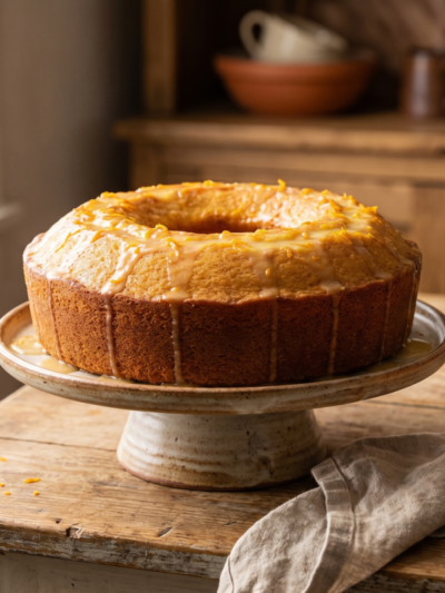 Fatia de bolo de laranja fofinho feito na fritadeira sem óleo com calda cítrica