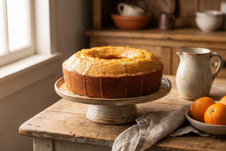 Fatia de bolo de laranja fofinho feito na fritadeira sem óleo com calda cítrica