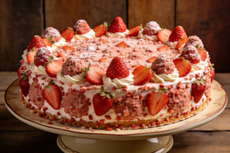 fatia de bolo trufado de morango com camadas de ganache e morangos frescos em prato branco