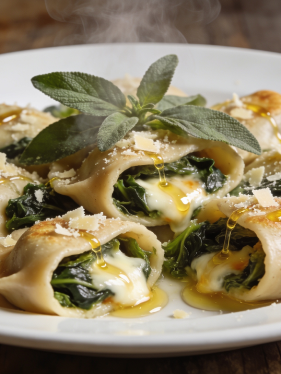Capelleti integral de escarola com queijo servido em prato fundo branco com parmesão ralado e folhas de sálvia